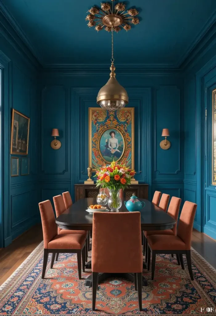 Peacock blue dining room with copper lighting and colorful accents