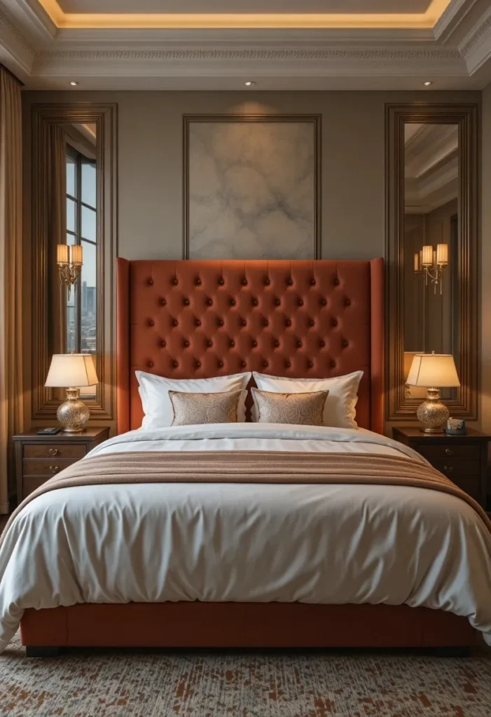 Rust velvet headboard creating a luxurious focal point in a bedroom.