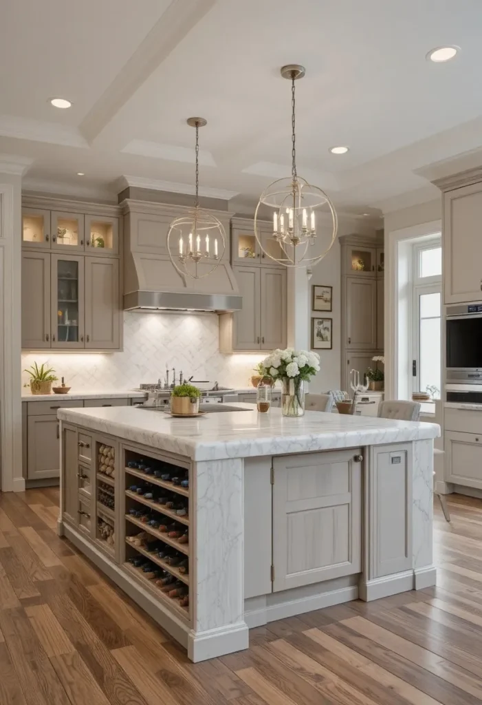 Kitchen island with built-in wine rack in a modern one wall kitchen.