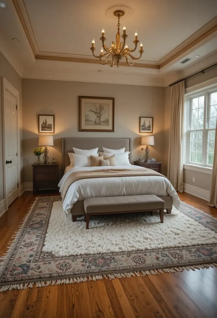Master bedroom featuring layered rugs that add warmth and texture.