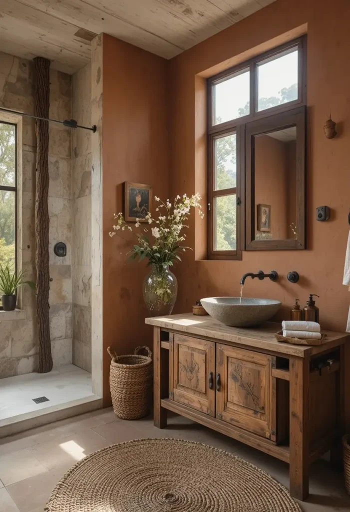 Natural jute rug adding warmth and texture to an earthy bathroom.