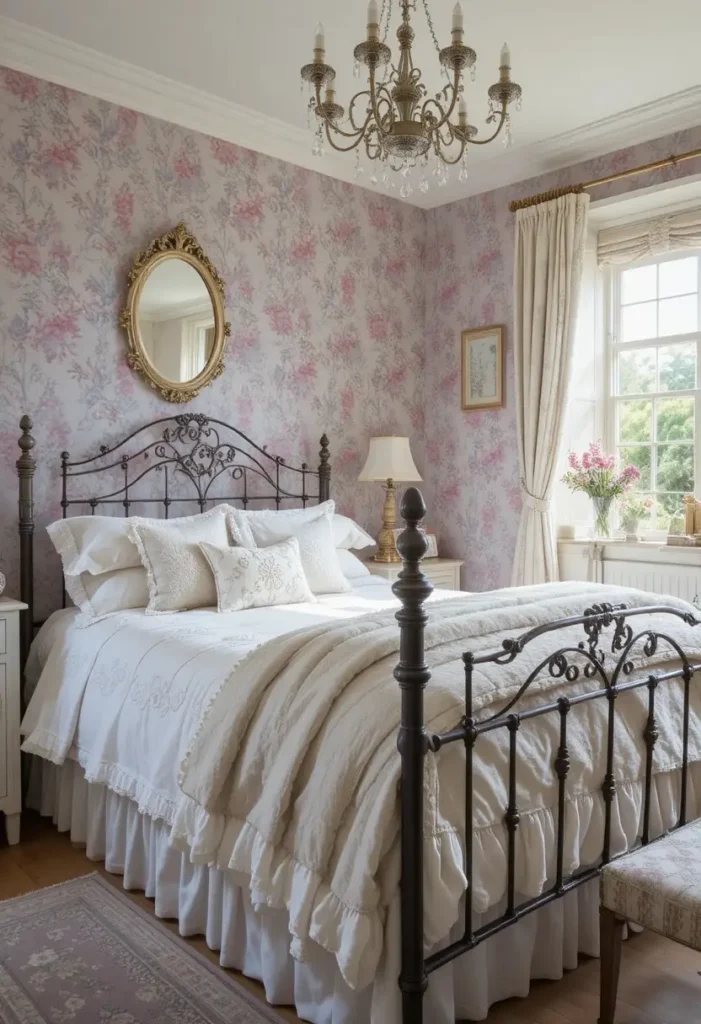 Cottagecore purple bedroom with floral wallpaper and vintage-inspired romantic decor.