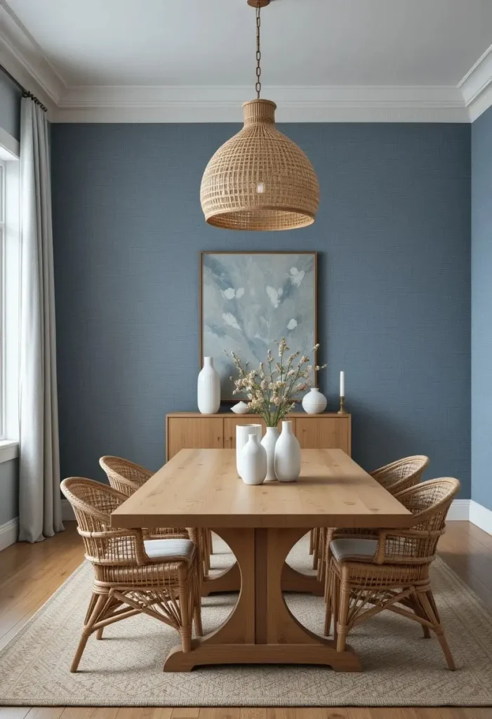 Dining room with blue grasscloth wallpaper, oak dining table, woven chairs, and warm lighting.