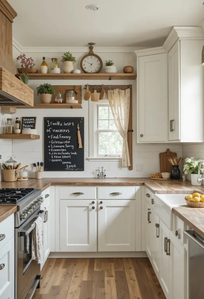 Beadboard backsplash with chalkboard section used for grocery lists and family notes in the kitchen.