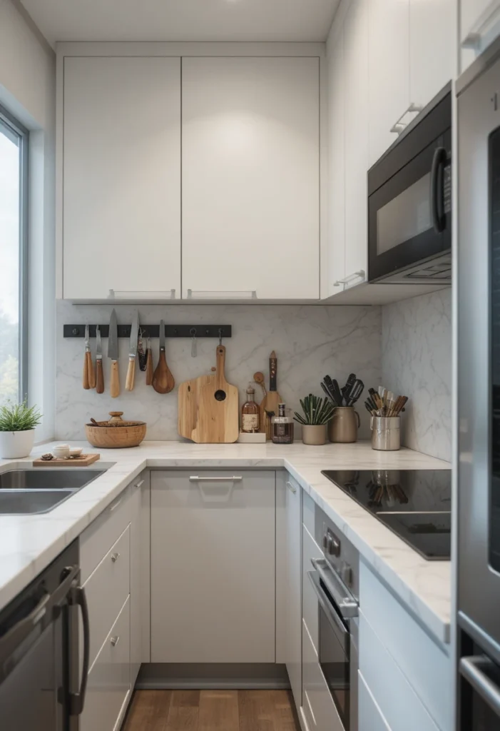 Magnetic knife strip keeping kitchen tools accessible while saving counter space.