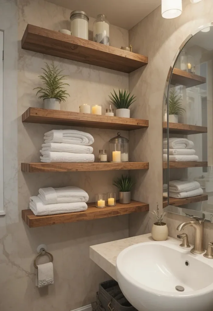 Open shelving in guest bathroom displaying towels and decorative accents