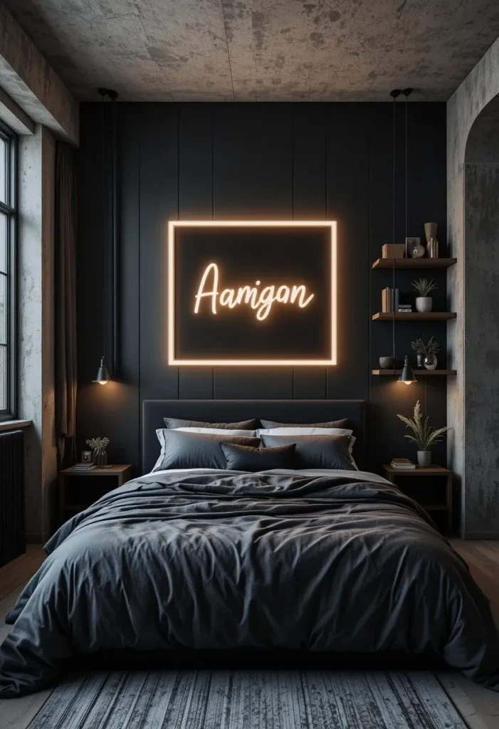 Black accent wall with glowing neon sign and modern urban decor.
