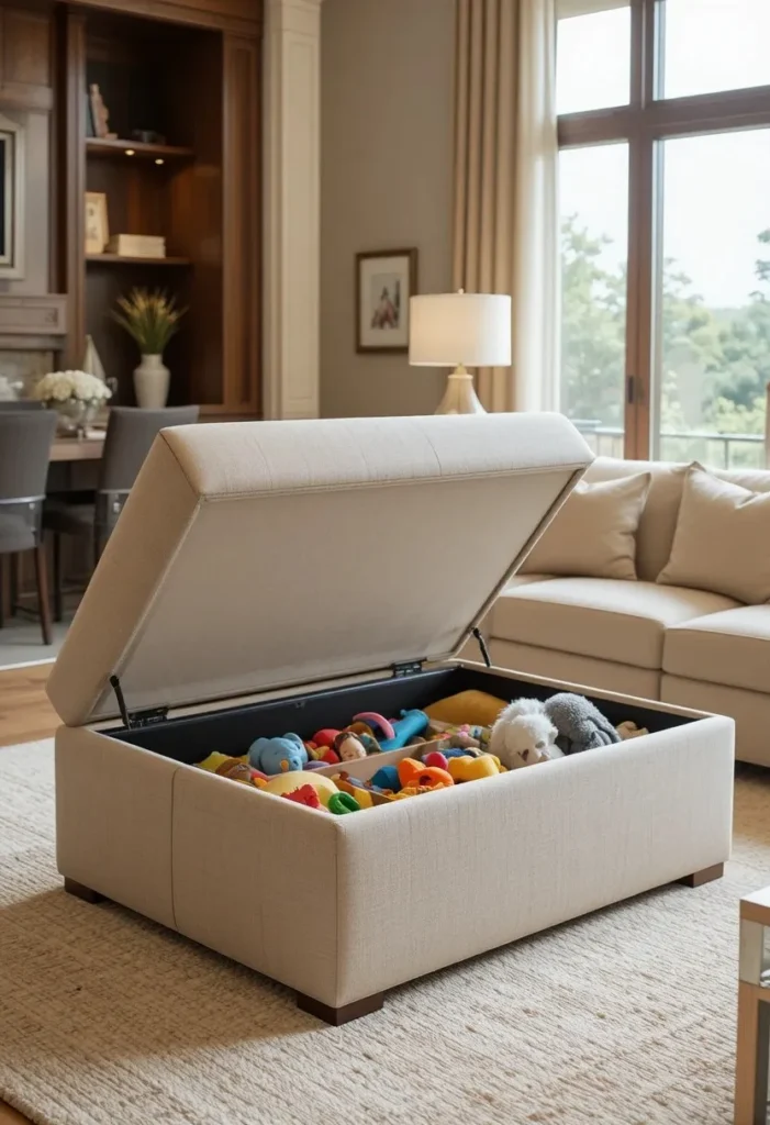 Hidden storage ottoman in a living room storing toys while doubling as a coffee table.
