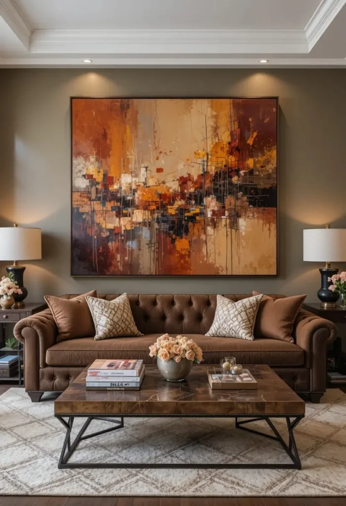 Warm-toned artwork displayed above a brown couch.