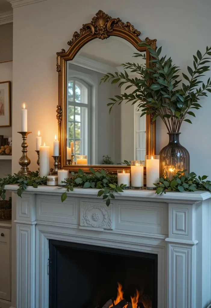 Carefully styled mantel creating a polished living room design moment.
