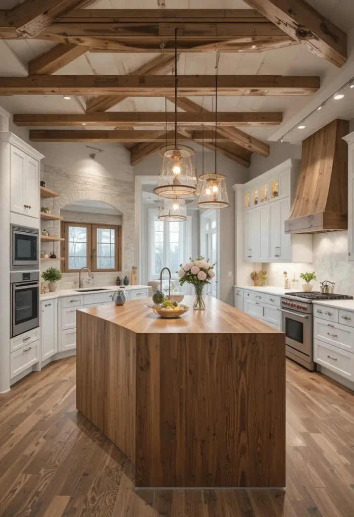 Hickory kitchen island serving as the focal point of a bright kitchen.
