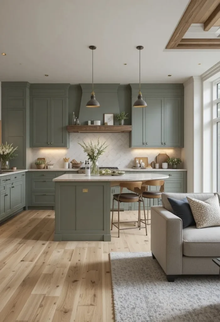 Sage green kitchen cabinets coordinating with the living room decor.