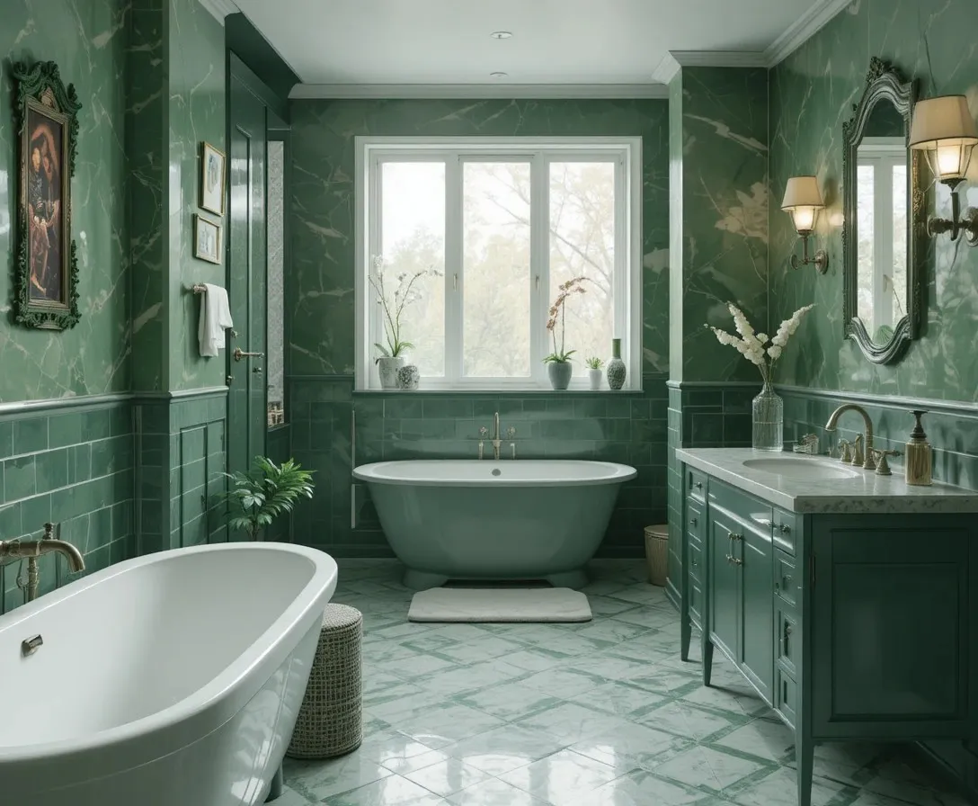 full view of green bathroom look beautiful