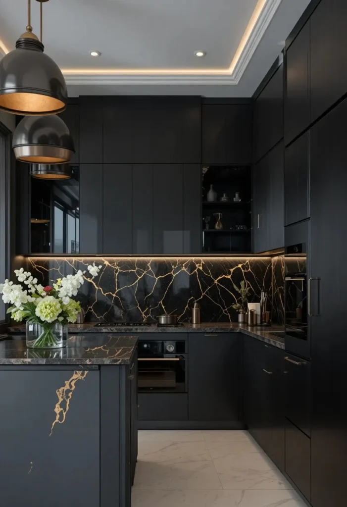 Black and gold veined backsplash creating dramatic luxury in a kitchen.