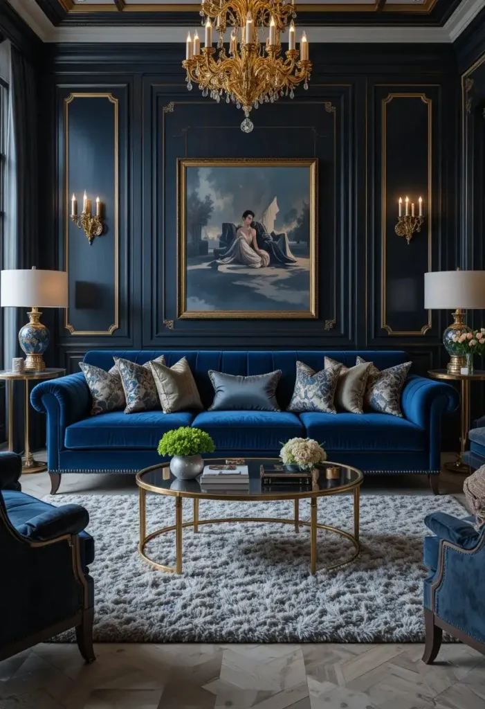 Blue velvet couch styled with luxurious gold accents and rich textures.