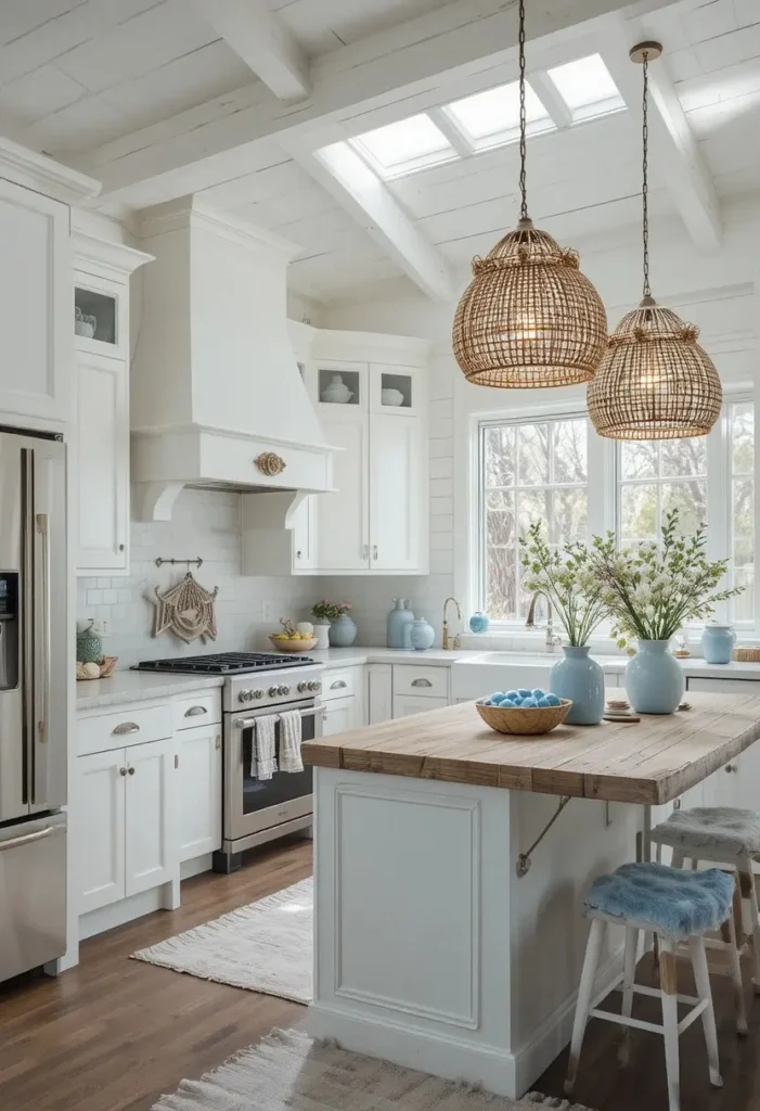 Coastal L-shaped kitchen featuring a driftwood island and beach-inspired details.
