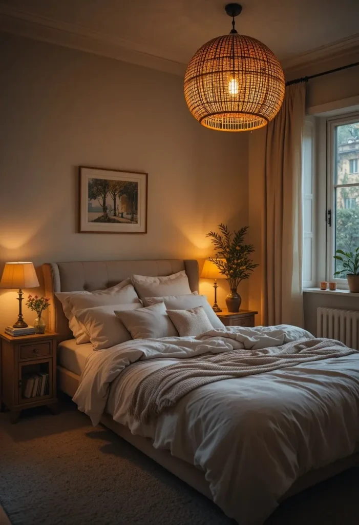 Bedroom lit with warm amber lighting and natural woven fixtures.