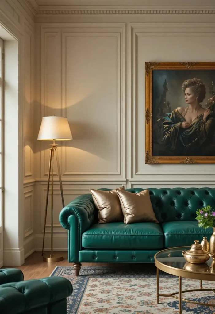 Green leather couch paired with gold and brass accents for a luxurious living room look.