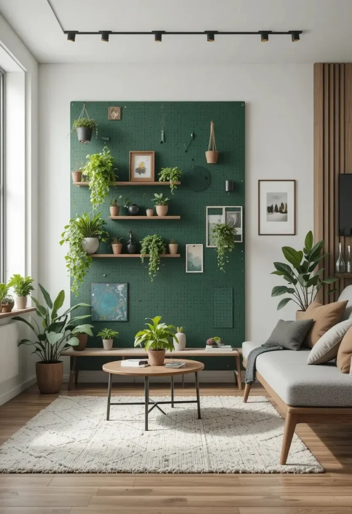 Pegboard room divider with plants and shelves separating living room zones.