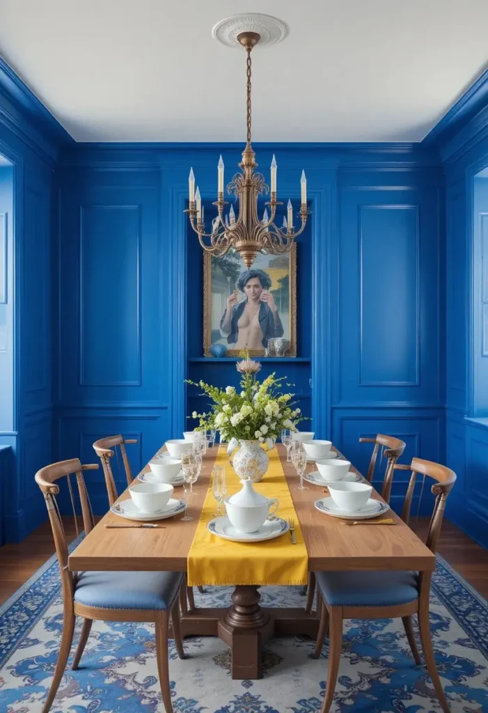 Cobalt blue dining room with natural wood furniture and bold decor