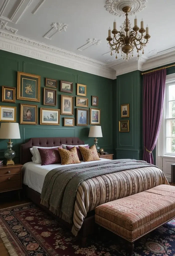 Hunter green accent wall with maximalist decor and layered colorful accents.