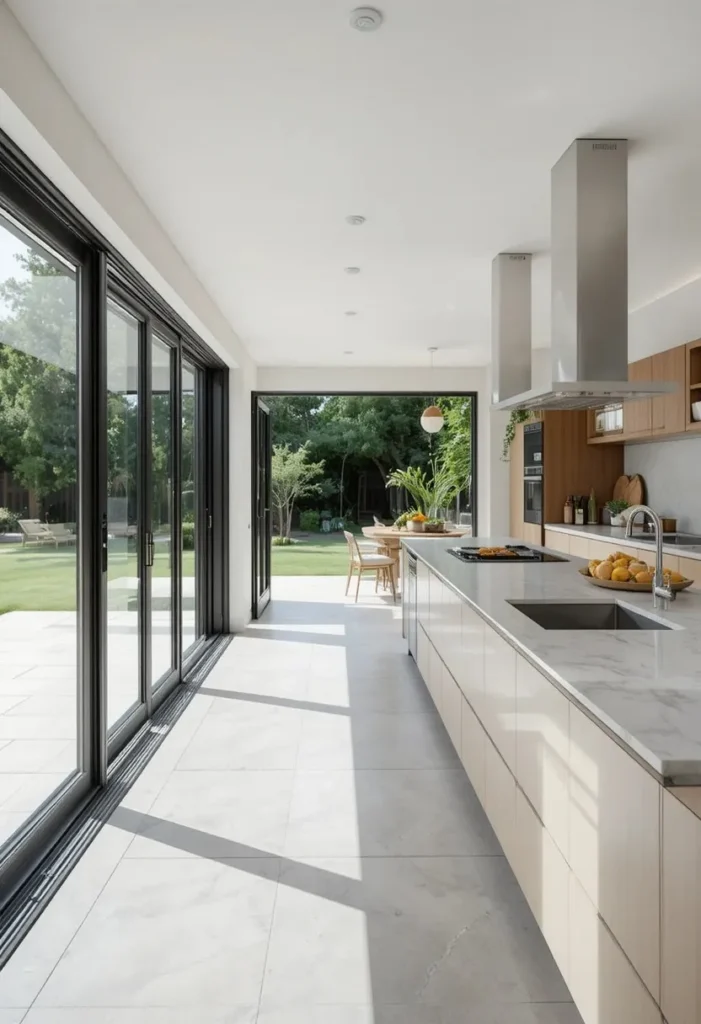 Long kitchen opening to outdoor garden with bi-fold glass doors
