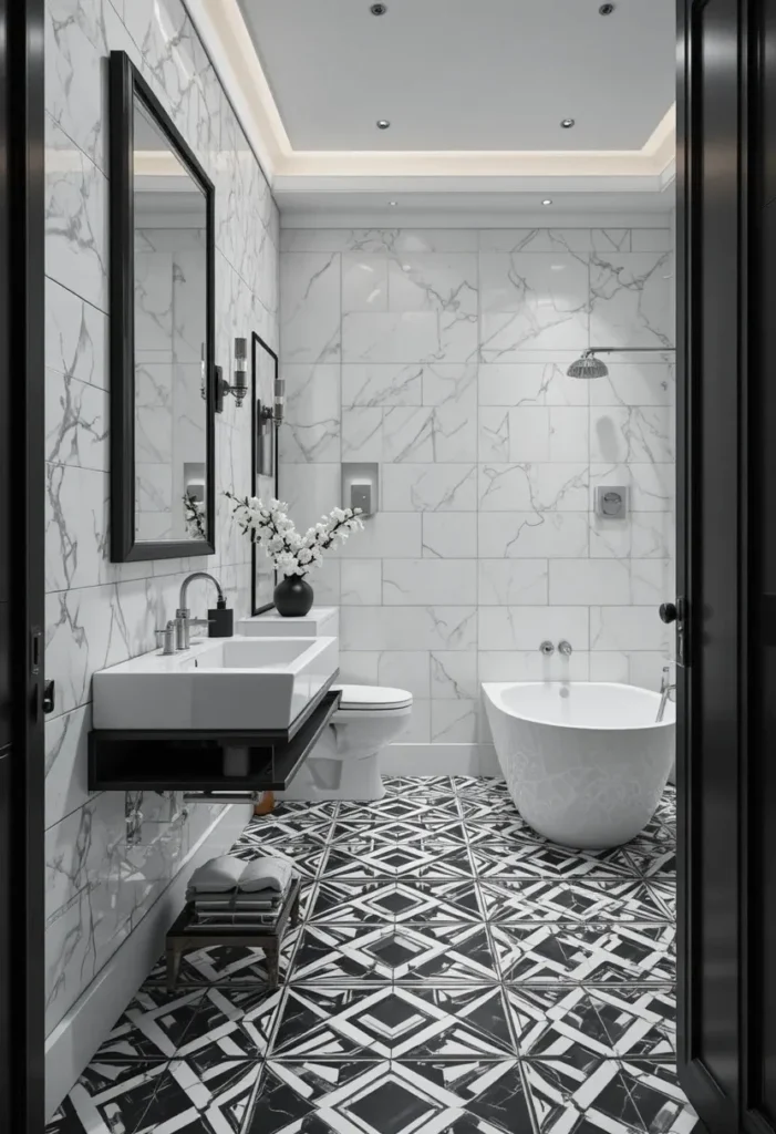 Modern bathroom featuring striking black and white geometric patterned tiles.