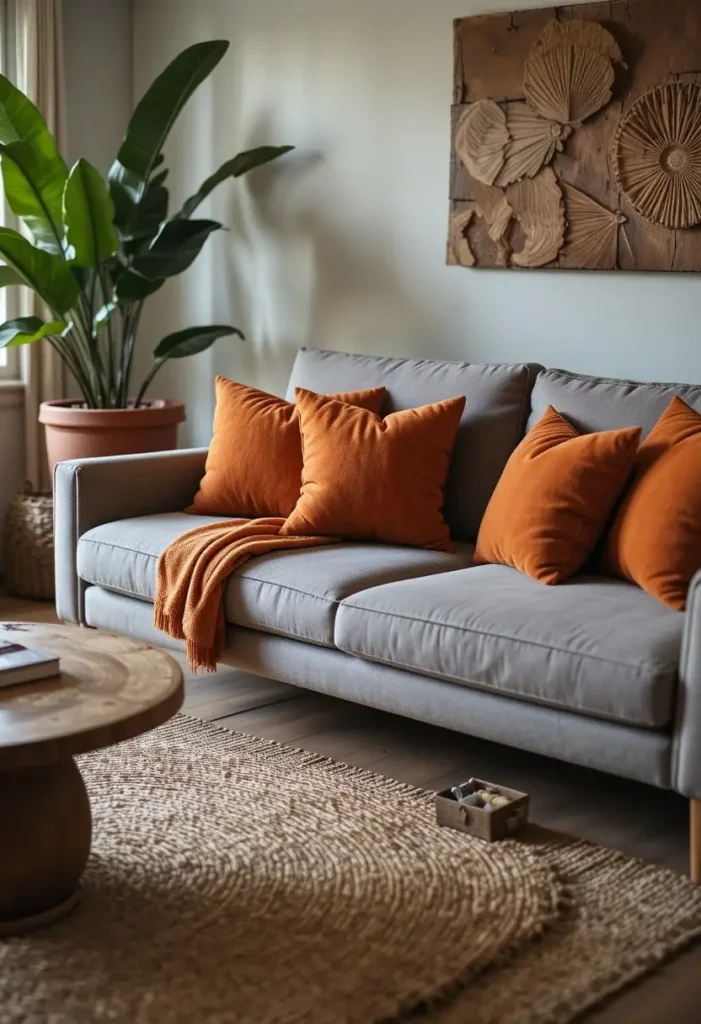 Grey couch paired with terracotta accents for a warm earthy living room.