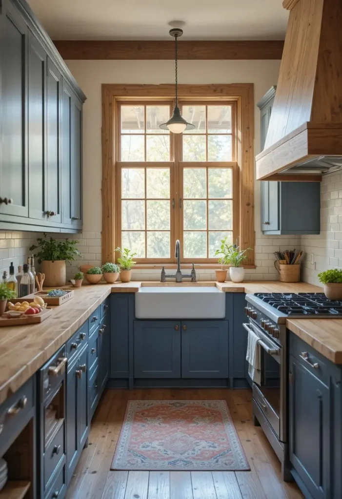Blue kitchen cabinets with warm wood countertops and natural accents.