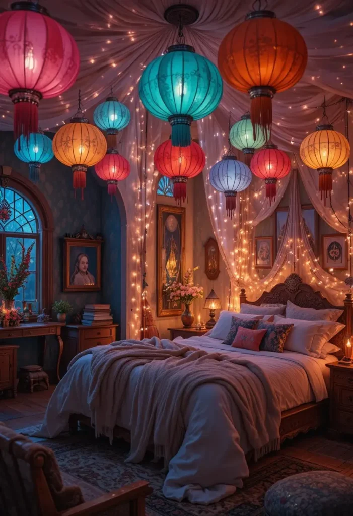 Rainbow boho bedroom glowing with string lights and colorful lanterns.