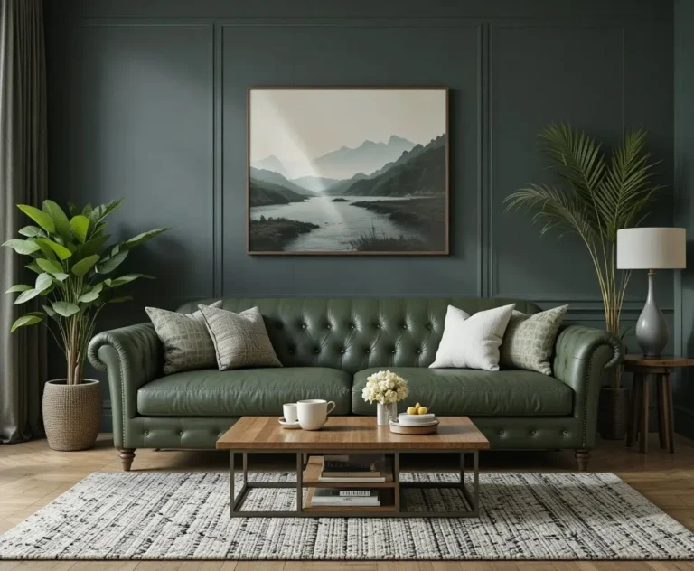 Green leather couch living room beautiful look