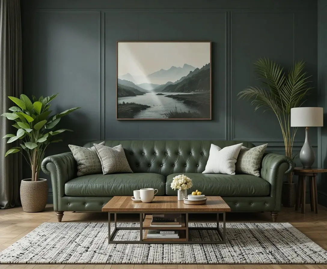 Green leather couch living room beautiful look