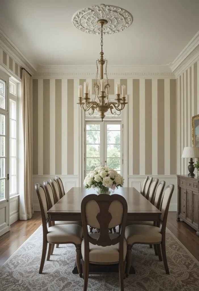 Dining room with vertical stripe wallpaper creating the illusion of higher ceilings.