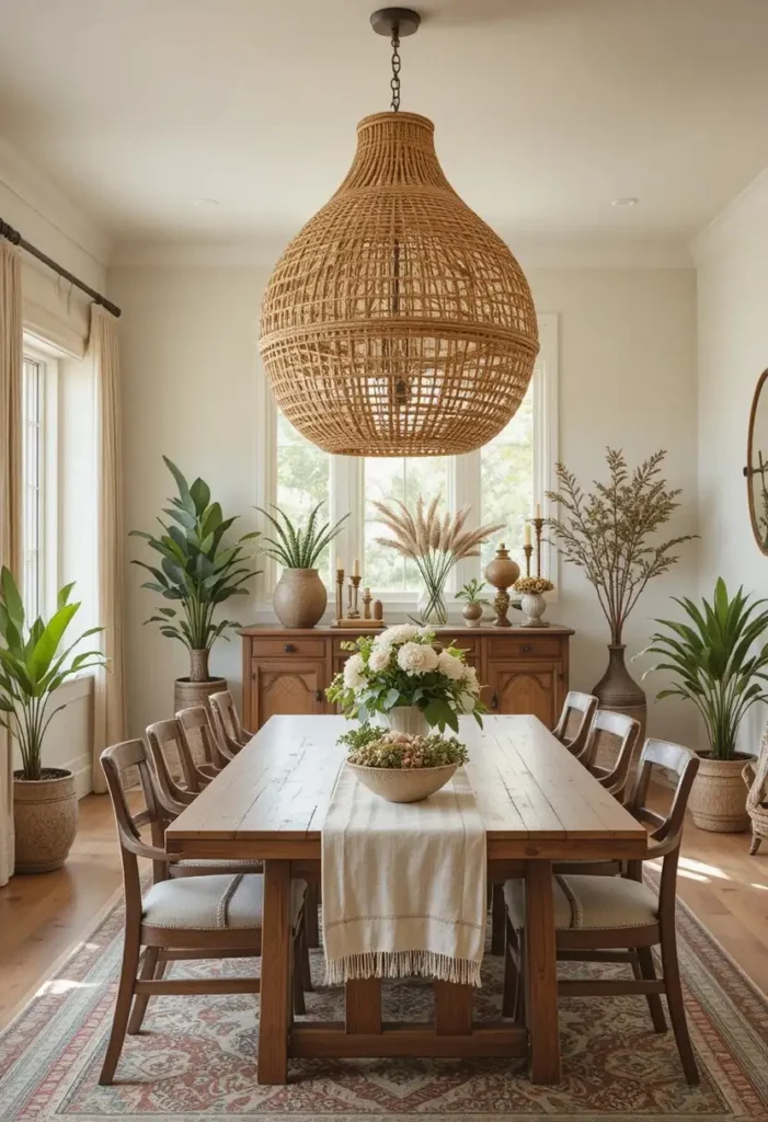 Contemporary dining room featuring a globe cluster chandelier with multiple glass spheres suspended above a round dining table, modern artwork, neutral color palette, sculptural lighting design, elegant interior styling, photorealistic rendering