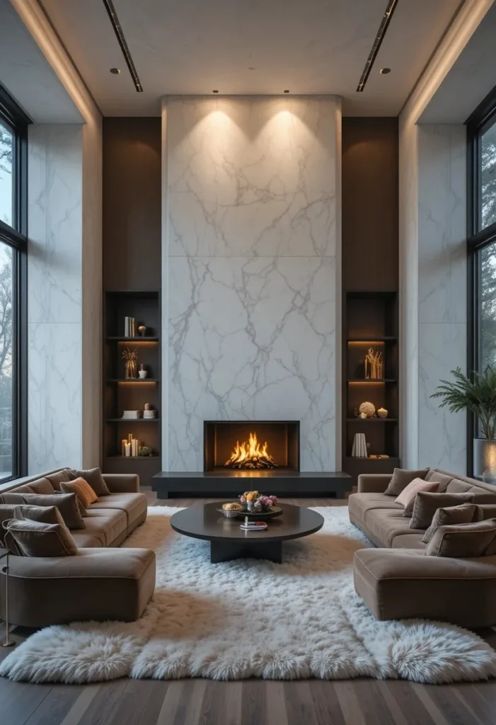 Sunken living room featuring a cozy fireplace, velvet seating, and warm layered textures.
