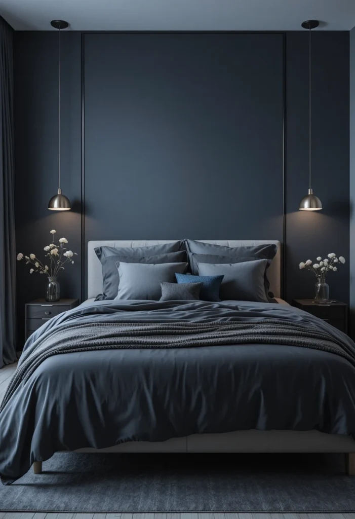 Sleek bedroom combining blue and grey tones with modern decor