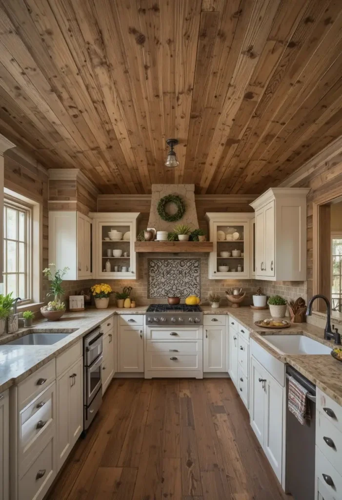 Kitchen with a reclaimed wood ceiling full of rustic character.