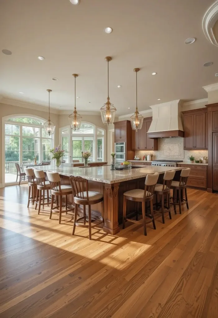 Large kitchen island with seating on two sides inside a U shaped kitchen.