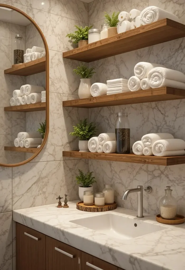 Open shelving styled with towels and decorative accessories in a bathroom.