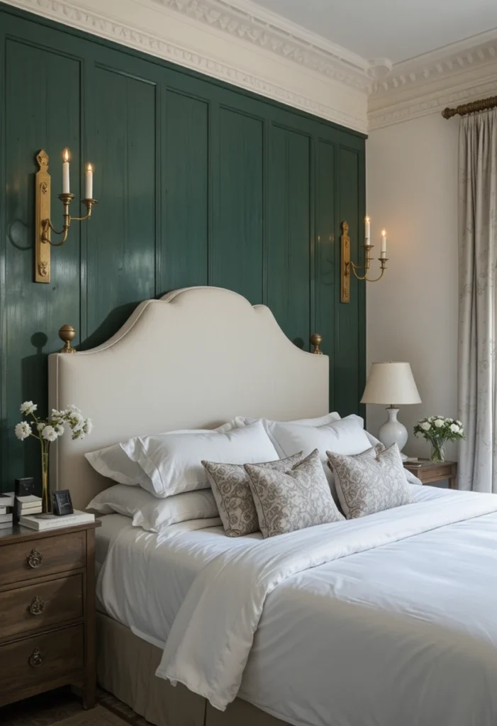 Bottle green paneled accent wall with cream headboard and brass sconces.