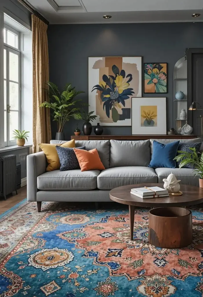 Grey couch anchored by a bold patterned rug full of color and character.