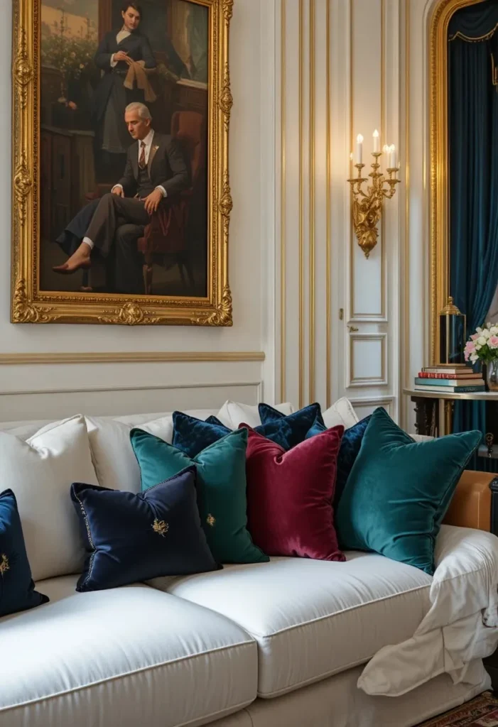 White couch surrounded by rich jewel-tone accents in a glamorous living room.