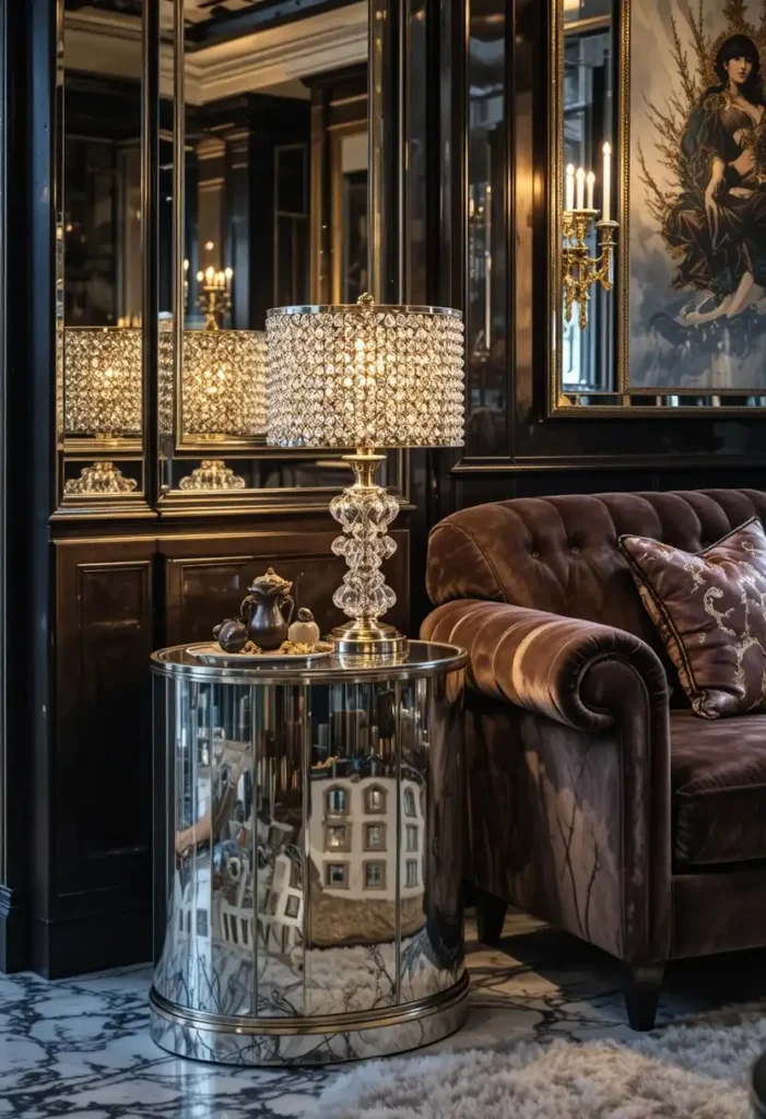 Mirrored side table reflecting light and adding luxury to a stylish living room.