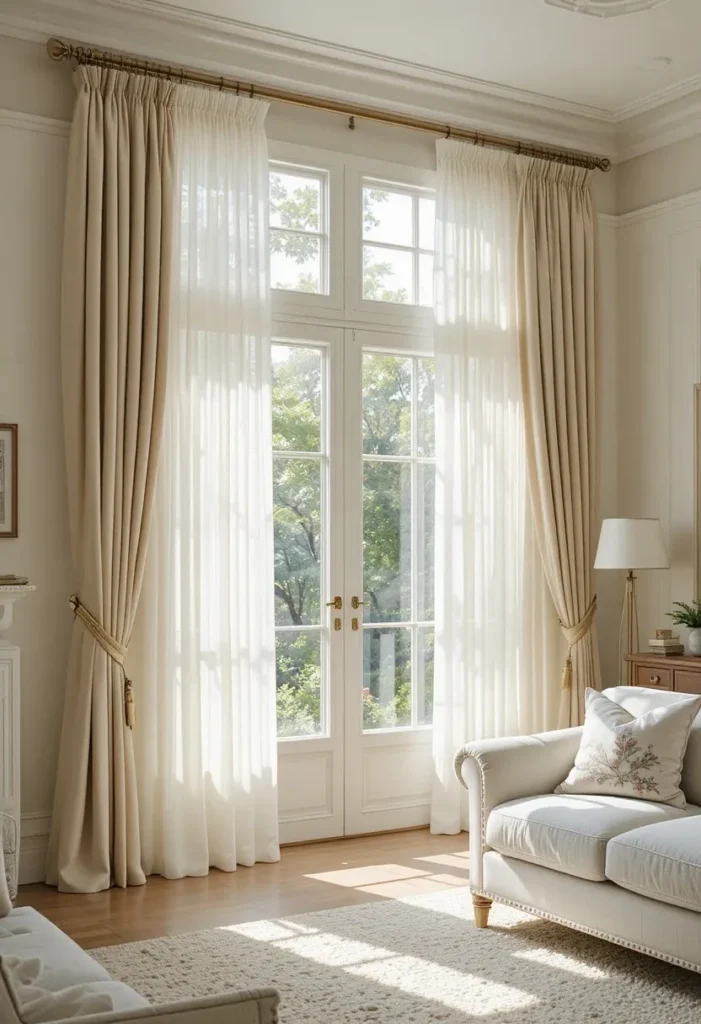 Layered sheer and linen curtains creating depth and softness.