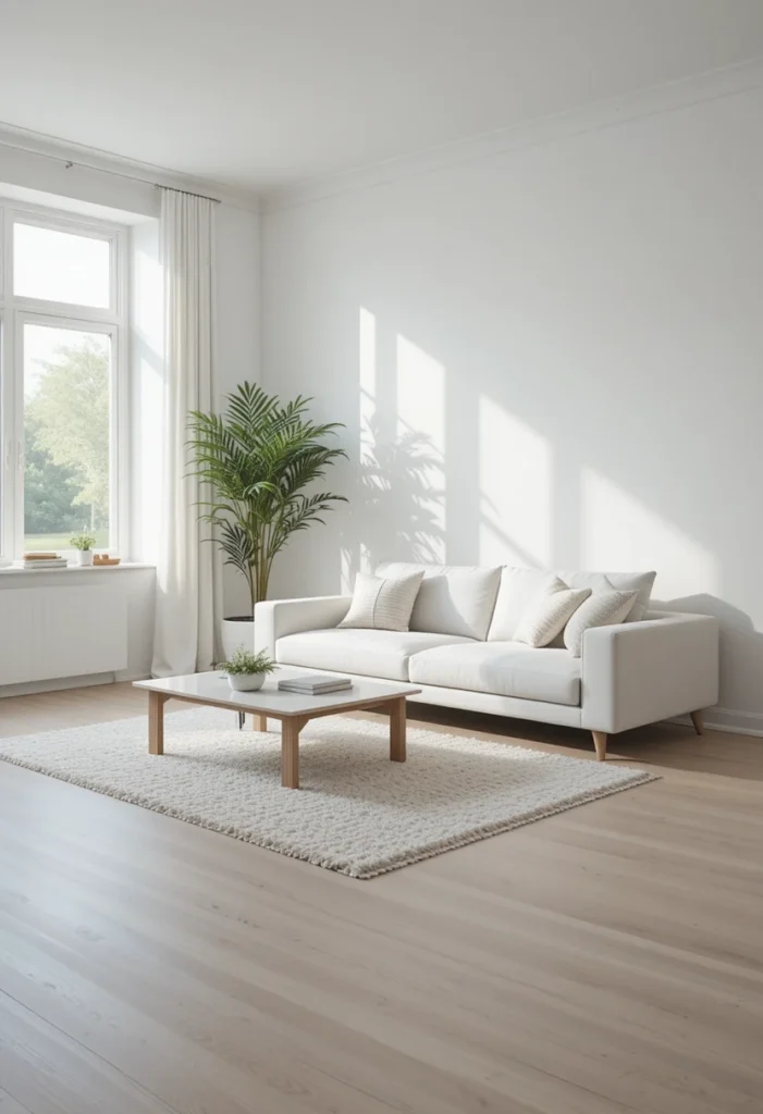 Minimalist white living room centered around a clean white couch.