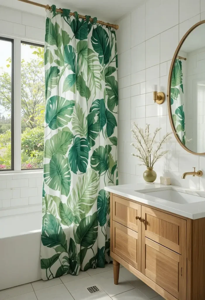 Botanical patterned bathroom curtains adding color and personality.