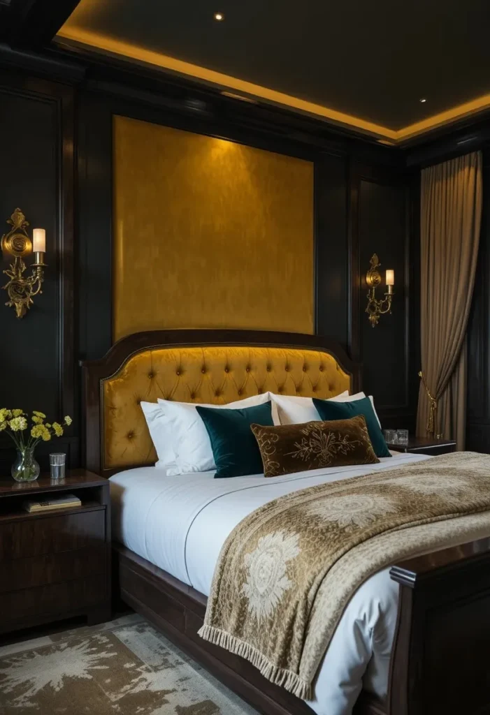 Deep golden yellow bedroom with luxurious finishes and moody designer styling.