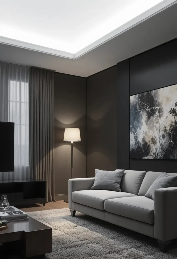 Torchiere floor lamp brightening a living room with upward ambient lighting.
