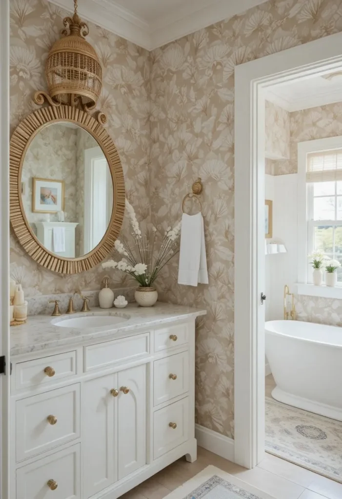 Marble effect wallpaper creating a luxurious bathroom atmosphere.