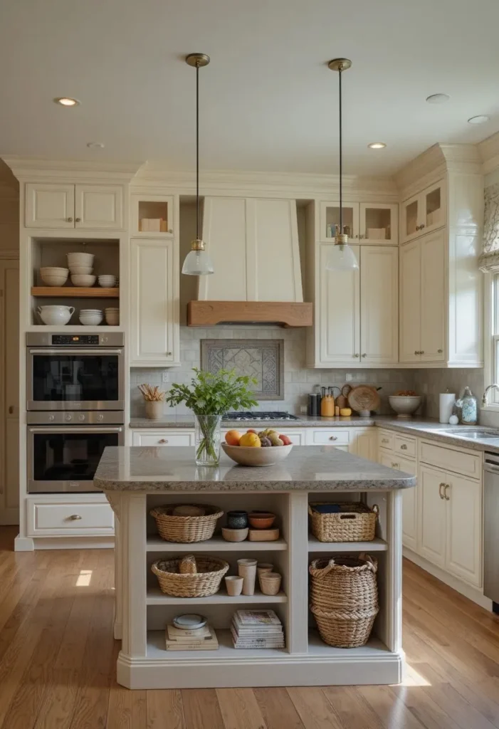 Kitchen island with open shelves styled with cookbooks and decorative storage baskets.